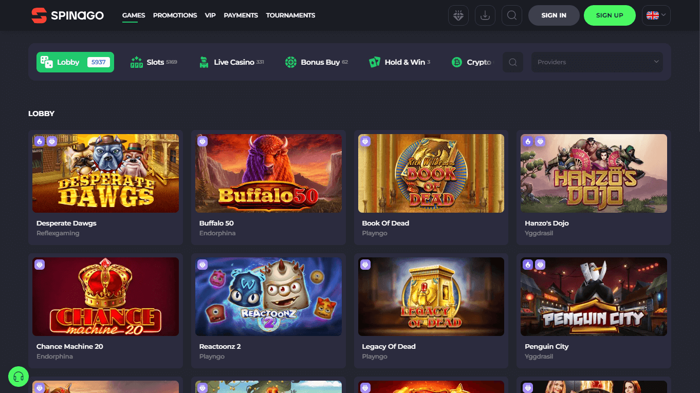Spinago Casino live casino section