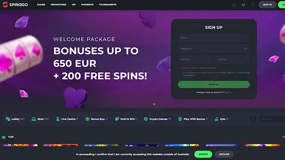 Spinago Casino home page interface